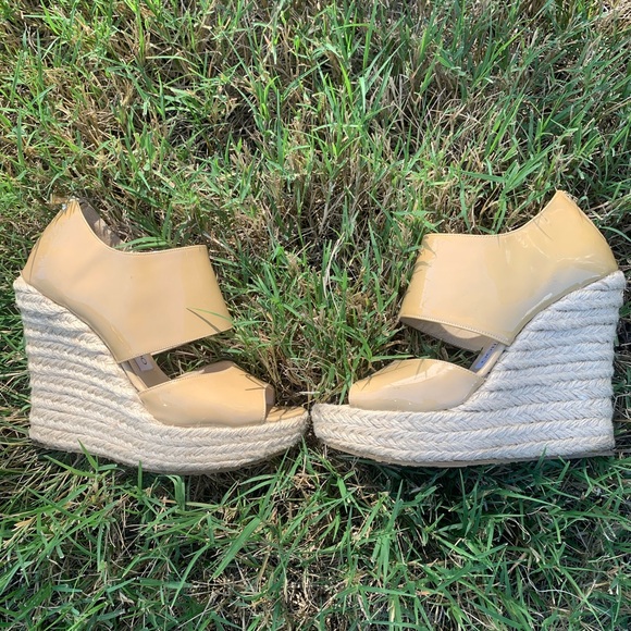 Jimmy Choo Lagoon Nude Patent Leather Wide Ankle Strap Espadrilles size 37 - Picture 4 of 9